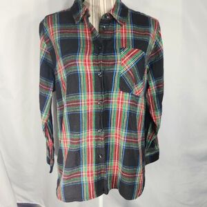 Time and Tru Black Multi Plaid Long Sleeve Button Down Flannel Shirt Size Large
